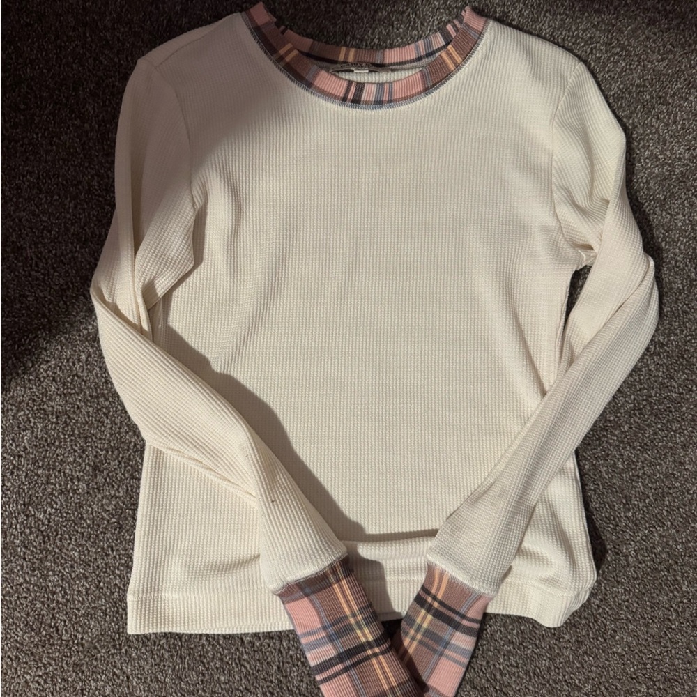 Plaid Trim Cream Long Sleeve Top